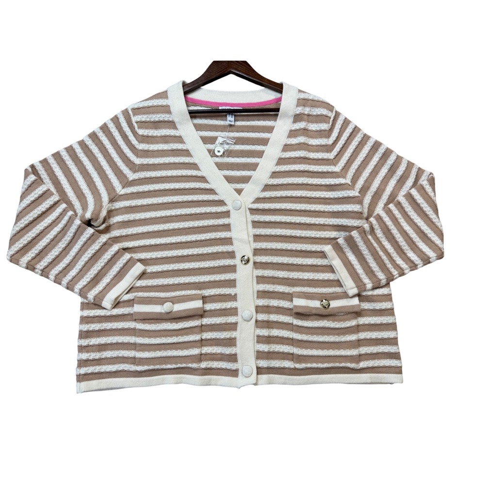 Isaac Mizrahi Live! Cardigan Womens 2X Tan White New Striped Gold Button Front